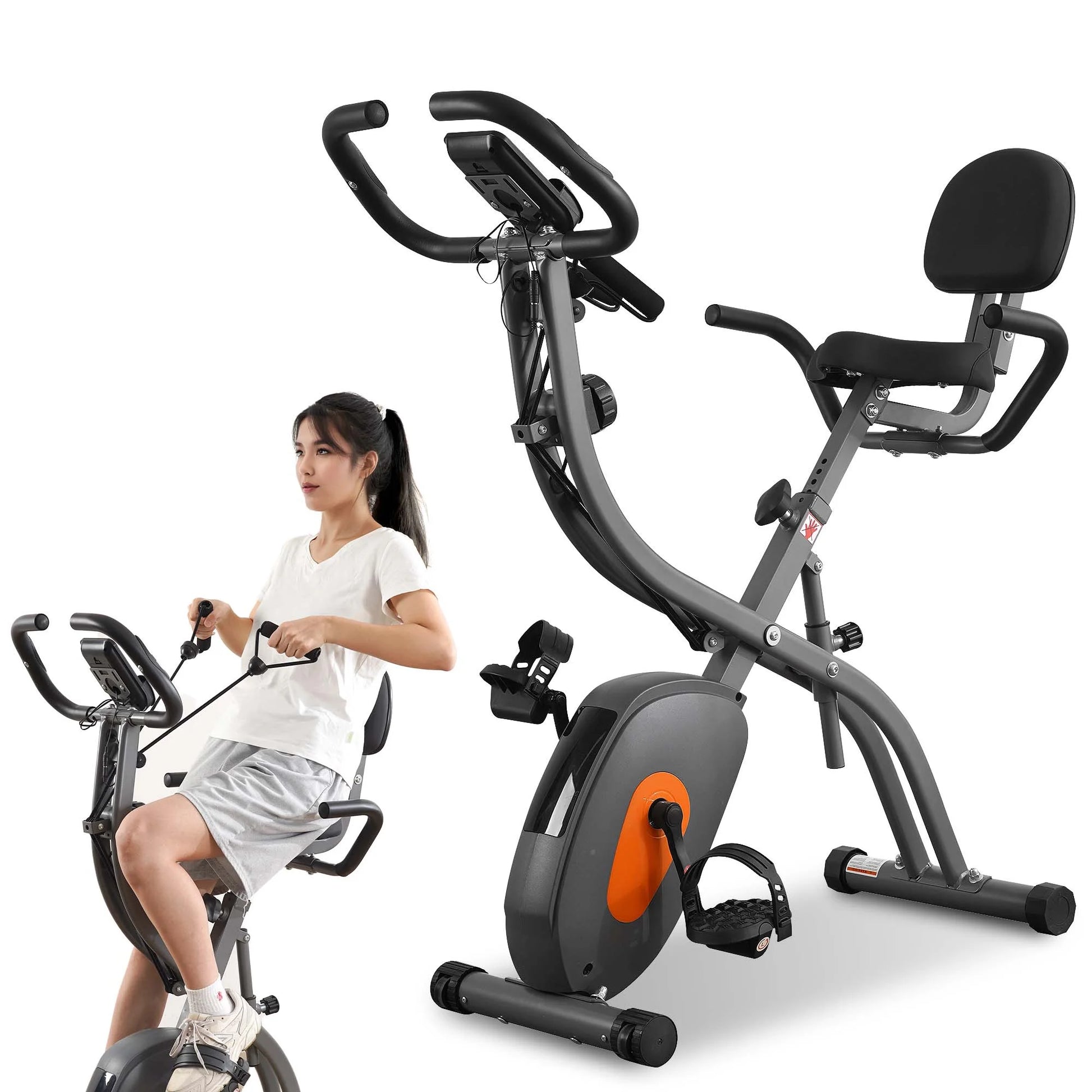 Folding Exercise Bike Stationary Recumbent 3-In-1 Exercise Bike Portable Magnetic with Adjustable Arm Resistance Bands and LCD Monitor and Pulse Grip for Home Use